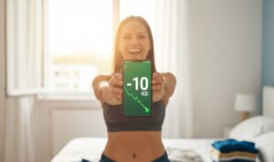Donna felice mostra lo smartphone con un calo di 10 kg sul grafico del peso