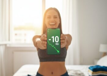 Donna felice mostra lo smartphone con un calo di 10 kg sul grafico del peso