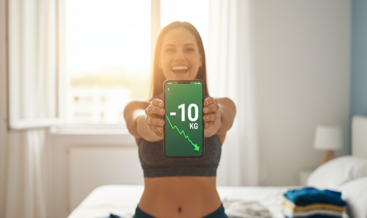 Donna felice mostra lo smartphone con un calo di 10 kg sul grafico del peso