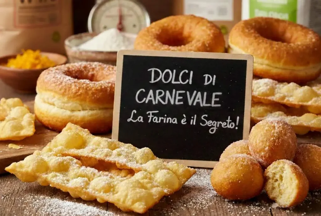 Composizione di dolci di Carnevale tra cui chiacchiere, graffe e castagnole su un tavolo di legno con sacchi di farina e una lavagnetta con scritto Dolci di Carnevale.