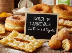 Composizione di dolci di Carnevale tra cui chiacchiere, graffe e castagnole su un tavolo di legno con sacchi di farina e una lavagnetta con scritto Dolci di Carnevale.