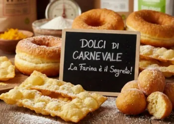 Composizione di dolci di Carnevale tra cui chiacchiere, graffe e castagnole su un tavolo di legno con sacchi di farina e una lavagnetta con scritto Dolci di Carnevale.