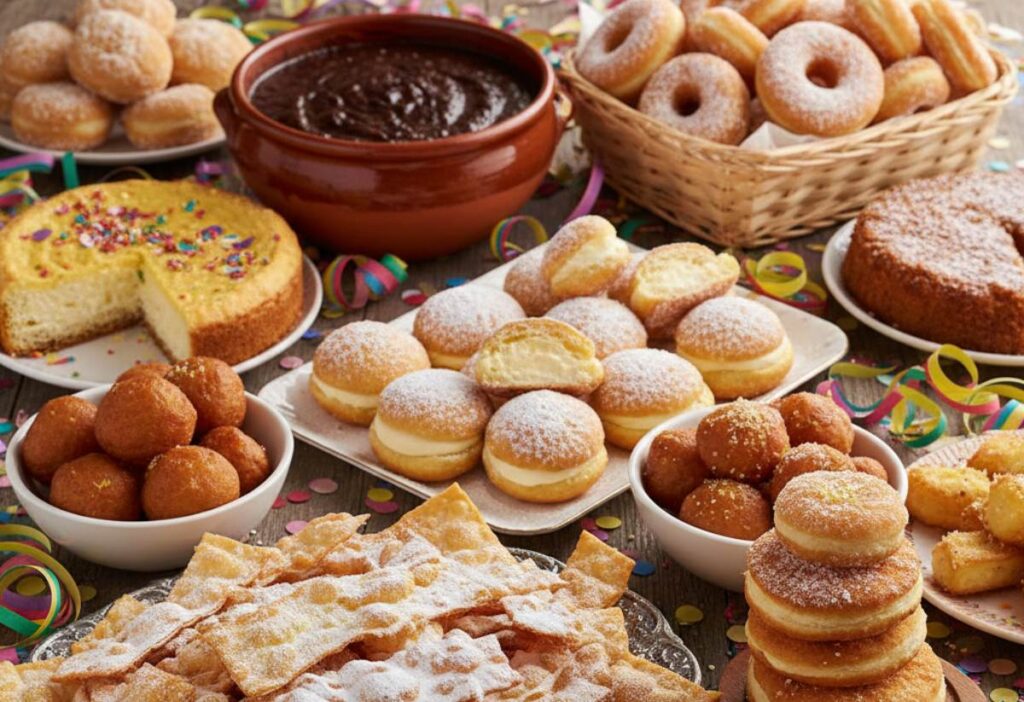 Vassoio abbondante di dolci tipici di Carnevale: chiacchiere croccanti con zucchero a velo, castagnole soffici, sanguinaccio e miglioraccio su tavola addobbata con coriandoli