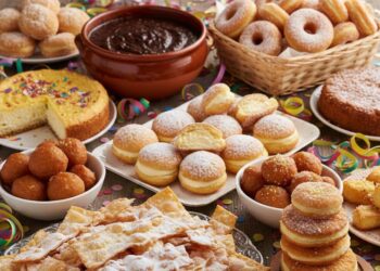 Vassoio abbondante di dolci tipici di Carnevale: chiacchiere croccanti con zucchero a velo, castagnole soffici, sanguinaccio e miglioraccio su tavola addobbata con coriandoli