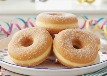 Vassoio di Fatti Fritti sardi (Parafrittus) dorati e ricoperti di zucchero semolato, con la tipica riga bianca centrale, pronti da mangiare.