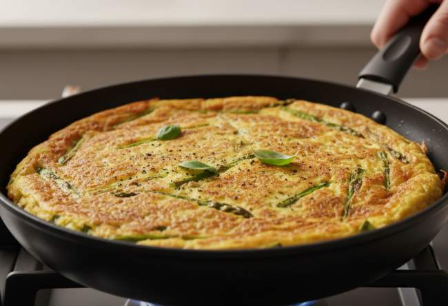 Scaldate bene una padella antiaderente con un filo d’olio: versate il composto, coprite con un coperchio e cuocete a fuoco medio basso per 10 minuti. Quando i bordi si staccheranno, girate la frittata aiutandovi con il coperchio e cuocete per altri 5-7 minuti senza coprire per rendere la superficie croccante. Una volta pronta servitela subito e gustatela!
