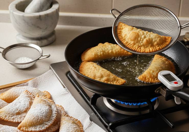 Scaldate l’olio di semi a 175 gradi circa oppure immergete uno stecchino di legno e quando sfrigolerà, sarà abbastanza caldo per iniziare la cottura. Friggete poche cassatelle alla volta, rigirandole finché non saranno dorate e piene di bolle. Trasferitele su carta assorbente e spolverizzate con zucchero a velo solo prima di servire in modo che resti impalpabile e leggero!