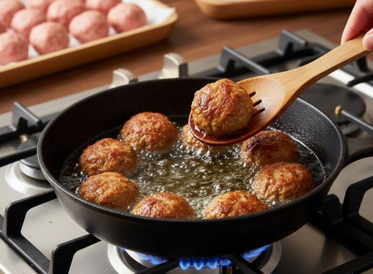 Disponete le polpette su un vassoio e lasciatele riposare in frigorifero per almeno un’ora. Scaldate abbondante olio di semi in una padella a bordi alti fino a raggiungere i 170 gradi: immergete poche polpette alla volta e friggetele finché risulteranno di un bel colore bruno dorato. Scolatele su carta assorbente e salatele leggermente in superficie prima di servire: buon appetito!