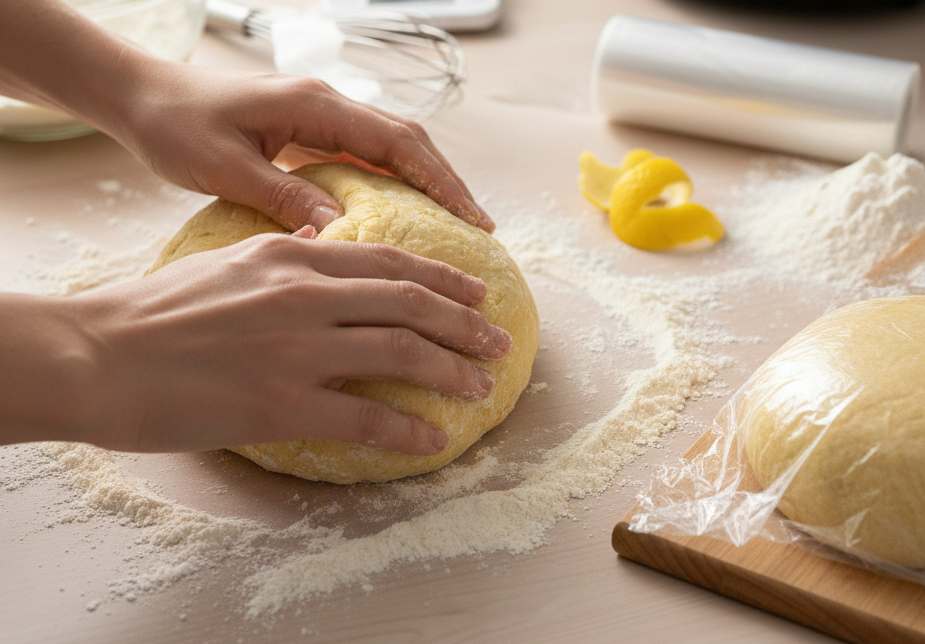 A questo punto versate la restante farina ed il sale alla fine e lavorate a mano per 10 minuti fino a ottenere un panetto elastico. Avvolgete nella pellicola per alimenti e lasciate riposare mezz’ora: il glutine deve rilassarsi o la sfoglia si ritirerà.