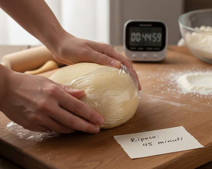 Lavorate il panetto energicamente con il palmo della mano per circa 8/10 minuti. Il calore delle mani è fondamentale per attivare lo xantano presente nel Nutrifree, che trasformerà quelle briciole in un panetto elastico e liscio. Una volta ottenuto un panetto omogeneo, avvolgetelo strettamente nella pellicola trasparente. Lasciatelo riposare a temperatura ambiente per almeno 45 minuti.