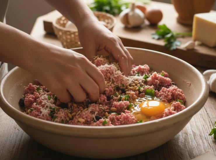 Aggiungete anche l’uvetta ammollata in acqua fredda per 10 minuti e ben strizzata e i pinoli tostati, quindi impastate vigorosamente con le mani fino a ottenere un composto omogeneo e profumato. Formate delle polpette grandi circa come un mandarino (40/50 grammi l’una), lavorandole tra i palmi delle mani per renderle lisce.