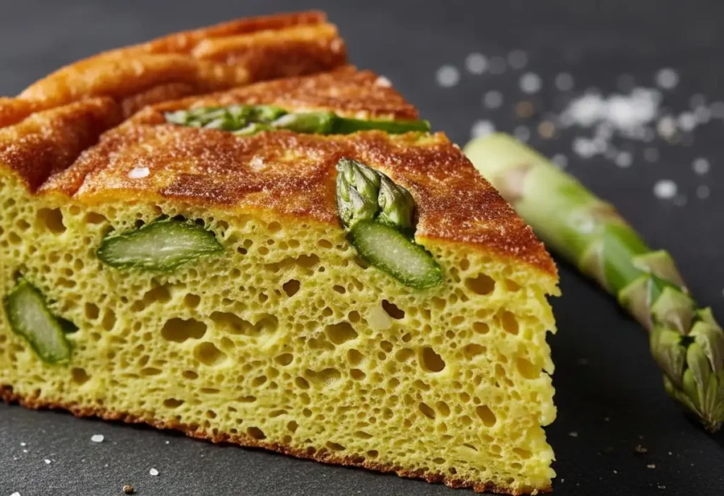 Fetta di frittata senza uova con asparagi freschi, ricetta vegana proteica con farina di ceci, stile food design.