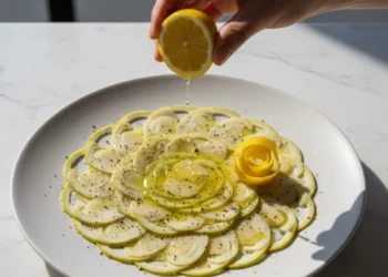 Carpaccio di carciofi crudi tagliati sottili con limone e pepe nero, piatto detox.