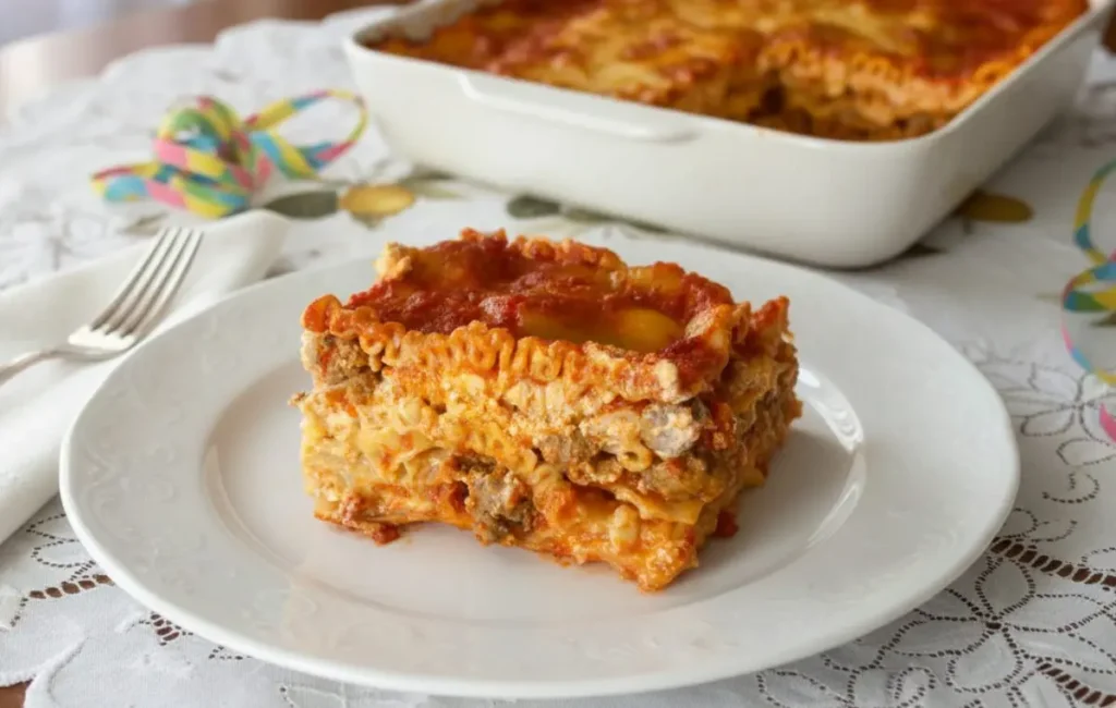 lasagna-napoletana-carnevale-ricetta-borbone Fetta di lasagna napoletana di carnevale con polpettine e uova sode su tavola imbandita