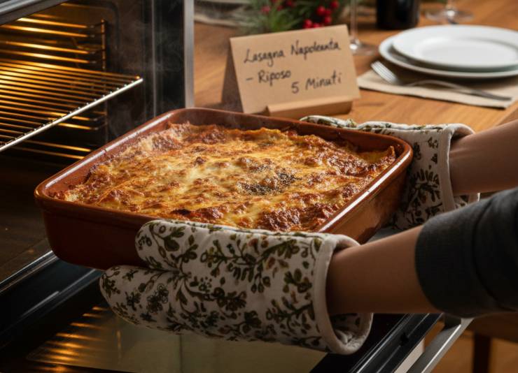 Infornate a 180 gradi per 30/35 minuti circa: se volete una crosticina più gratinata, passate in funzione grill e proseguite la cottura ancora pochi minuti. Estraete la lasagna e fatela riposare per 5 minuti prima di servirla: sentirete che bontà!