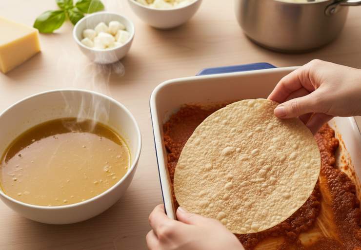 Pronti tutti gli ingredienti, componete la vostra lasagna: sporcate il fondo di una teglia con un po’ di ragù e besciamella. Immergete una sfoglia di pane carasau nel brodo caldo per 2 secondi e adagiatelo nella teglia: coprite con ragù, besciamella, mozzarella a dadini e parmigiano.
