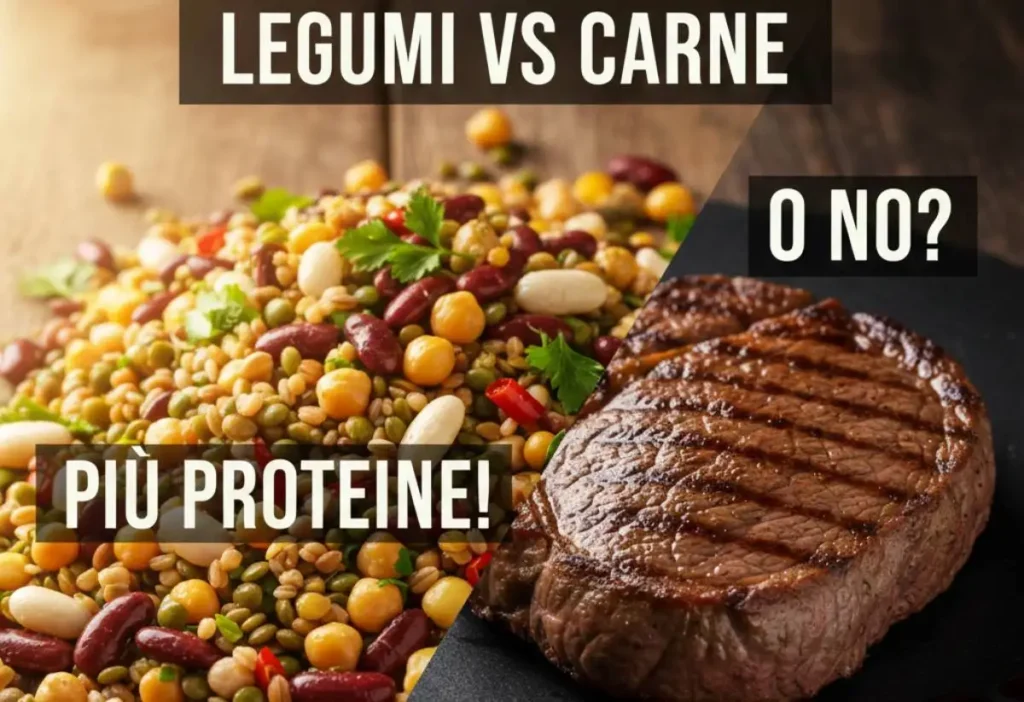 Confronto nutrizionale tra un mix di legumi e cereali e una bistecca ai ferri per evidenziare il contenuto proteico vegetale.