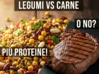 Confronto nutrizionale tra un mix di legumi e cereali e una bistecca ai ferri per evidenziare il contenuto proteico vegetale.