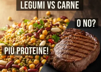 Confronto nutrizionale tra un mix di legumi e cereali e una bistecca ai ferri per evidenziare il contenuto proteico vegetale.