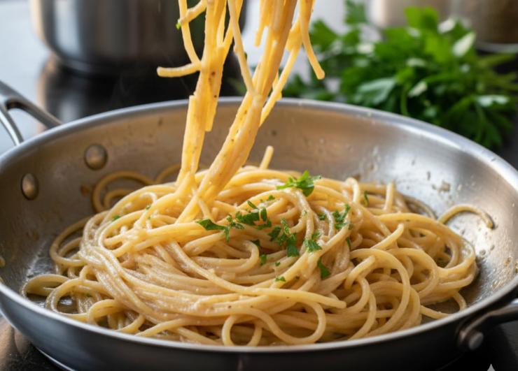 Mescola energicamente facendo “saltare” la pasta. L’amido dell’acqua di cottura si lega all’olio creando una crema naturale, senza grassi aggiunti. Aggiungi altro pochissima acqua se serve, spegni il fuoco e completa con prezzemolo tritato. Buon appetito!