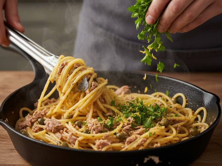 Scolate la pasta al dente direttamente in padella, conservando un mestolo di acqua di cottura. Mescolate energicamente a fuoco vivo per creare un’emulsione vellutata, quindi spegnete il fuoco e completate con una generosa manciata di prezzemolo fresco e la buccia grattugiata del limone. Servite subito!&nbsp;