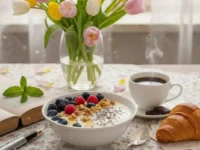 Una tavola imbandita in stile shabby chic con tulipani, caffè fumante, cioccolato fondente e una ciotola di yogurt con frutti di bosco e noci.