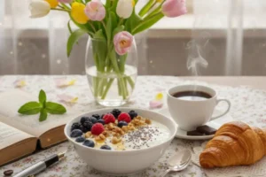 Una tavola imbandita in stile shabby chic con tulipani, caffè fumante, cioccolato fondente e una ciotola di yogurt con frutti di bosco e noci.