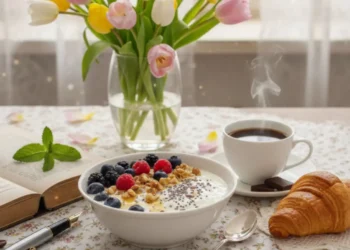 Una tavola imbandita in stile shabby chic con tulipani, caffè fumante, cioccolato fondente e una ciotola di yogurt con frutti di bosco e noci.