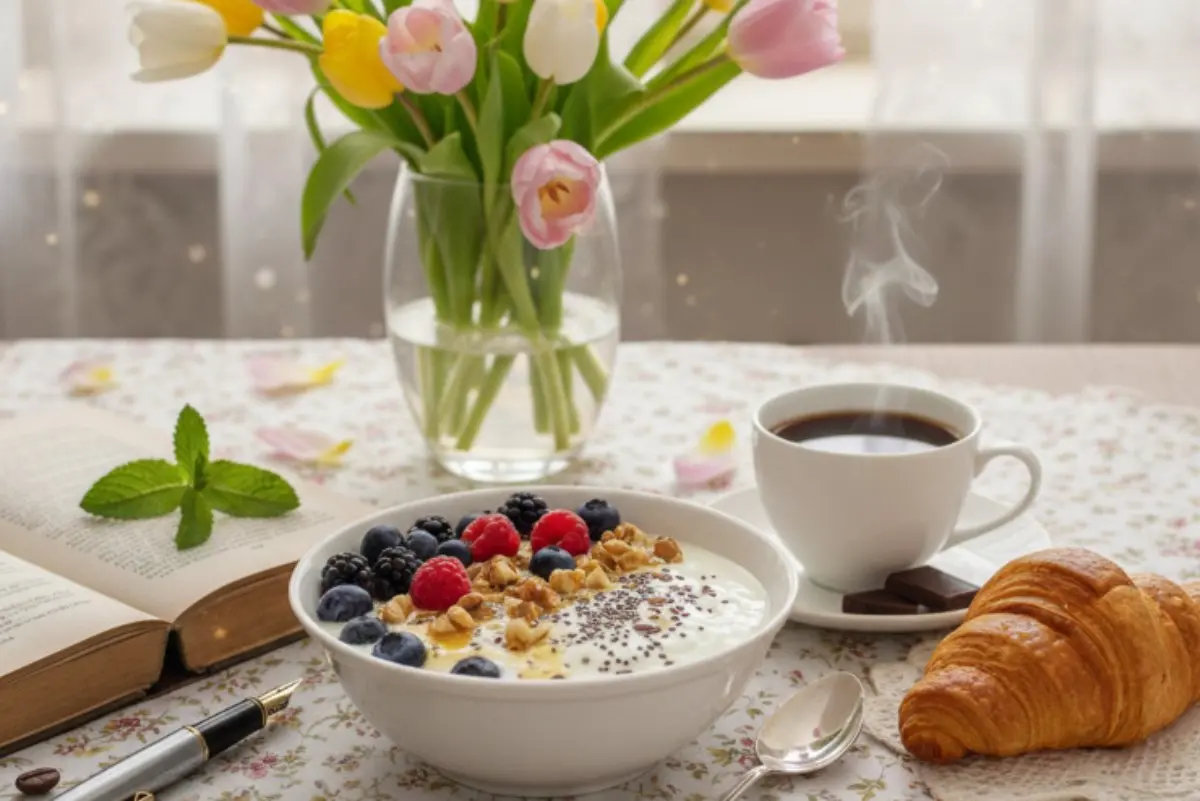 Una tavola imbandita in stile shabby chic con tulipani, caffè fumante, cioccolato fondente e una ciotola di yogurt con frutti di bosco e noci.