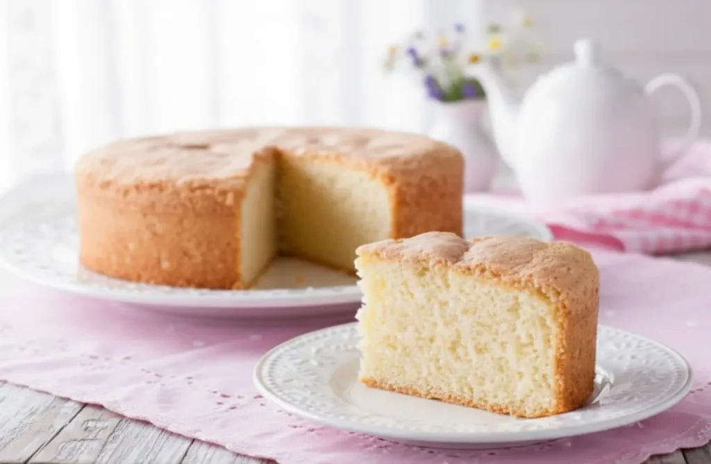 Fetta di Pan di Spagna perfetto su piattino decorato, con torta intera sullo sfondo su vassoio di porcellana e tovaglia rosa ricamata a cuoricini in stile shabby chic.
