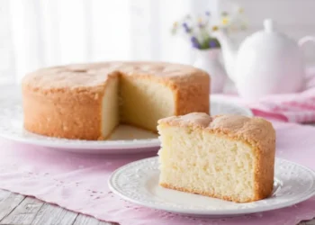 Fetta di Pan di Spagna perfetto su piattino decorato, con torta intera sullo sfondo su vassoio di porcellana e tovaglia rosa ricamata a cuoricini in stile shabby chic.