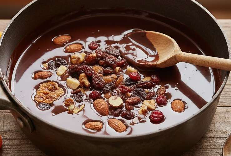 Lasciamo intiepidire il cioccolato e riversiamo all’interno il misto di frutta secca. Mescoliamo per distribuire e andiamo a riversare il composto ottenuto in una teglia da forno foderata e dai bordi alti;