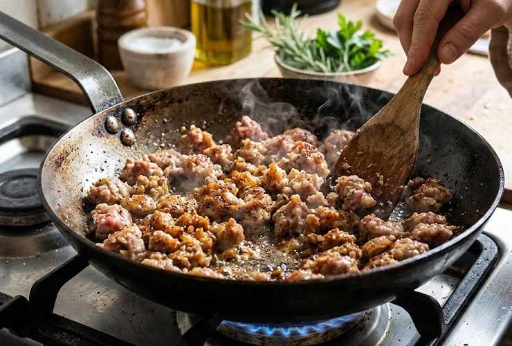 Quando le salsicce saranno ben dorate insaporiamo con un pizzico di sale e pepe e spegniamo la fiamma. Intanto portiamo a bollore la pentola con l’acqua in cui cuocere la pasta. Saliamo quindi il sugo di pomodoro trascorso il tempo di cottura;