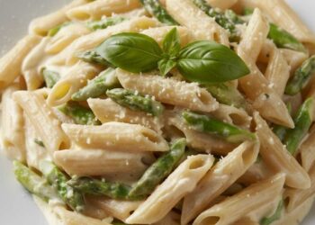 piatto di pasta con panna e asparagi