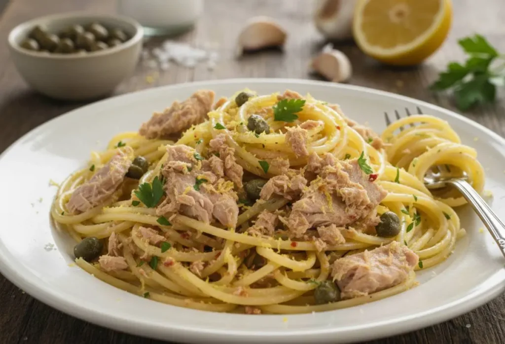 Spaghetti cremosi al tonno in bianco con capperi, scorza di limone e prezzemolo fresco su un tavolo rustico.