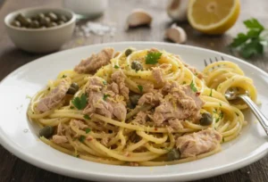 pasta-tonno-in-bianco-salva-pranzo-marianna Spaghetti cremosi al tonno in bianco con capperi, scorza di limone e prezzemolo fresco su un tavolo rustico.