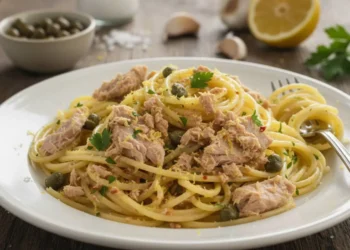 Spaghetti cremosi al tonno in bianco con capperi, scorza di limone e prezzemolo fresco su un tavolo rustico.