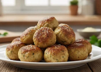 Piatto di polpette di pollo e tacchino dorate in padella, servite con un contorno di verdure fresche in una cucina luminosa.