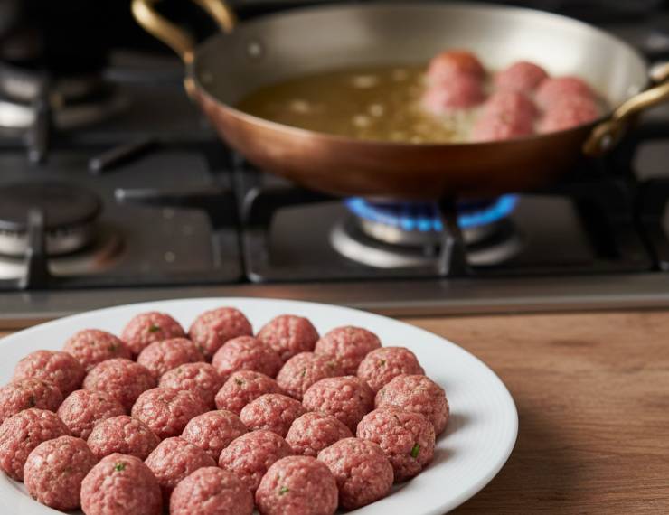 Intanto preparate delle polpettine con il macinato dalle dimensioni leggermente più piccole di una nocciola e friggetele. Rosolate anche la salsiccia privata del budello e ben sgranata e mettete tutto da parte. Una volta pronto il ragù, versate la ricotta in un recipiente e stemperatela con un mestolo di sugo.