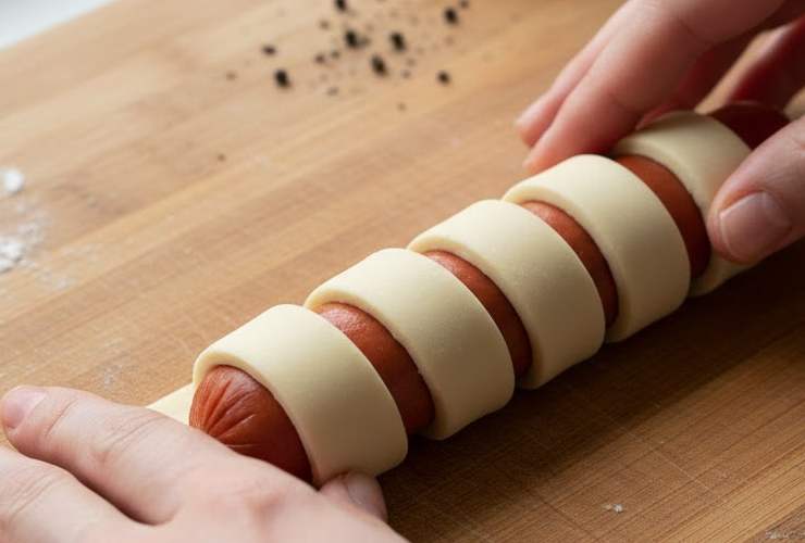 Posizioniamo ogni wurstel sulla pasta e arrotoliamo fino a ricoprire quasi completamente, lasciando fuori solo le estremità dei wurstel e premendo leggermente sui bordi per sigillare;