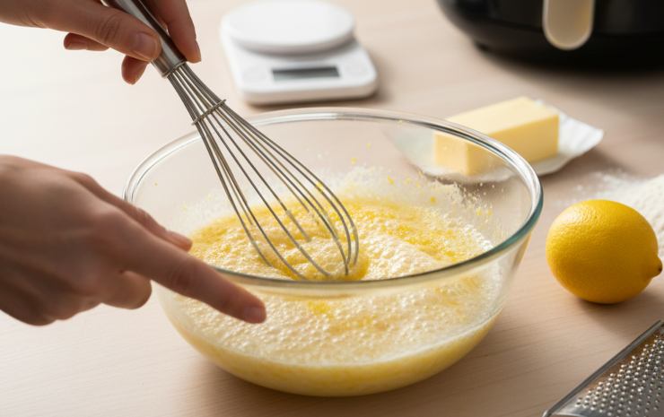 In una ciotola, montate leggermente le uova con lo zucchero e la buccia grattugiata di limone. Aggiungete il burro fuso ed intiepidito, il liquore e metà della farina. Impastate con una forchetta in modo da ottenere un impasto morbido ed uniforme.