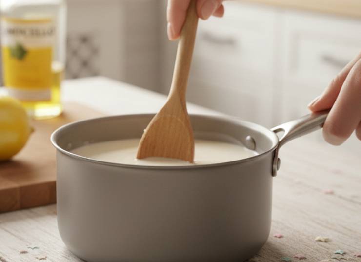 Scaldate il latte finché diventa tiepido. Sciogliete all’interno lo zucchero ed il lievito di birra sbriciolato, mescolando bene. Nella ciotola della planetaria munita di gancio, versate prima il latte con il lievito, poi aggiungete le uova, la scorza grattugiata di limone, il succo, il limoncello ed il burro fuso.