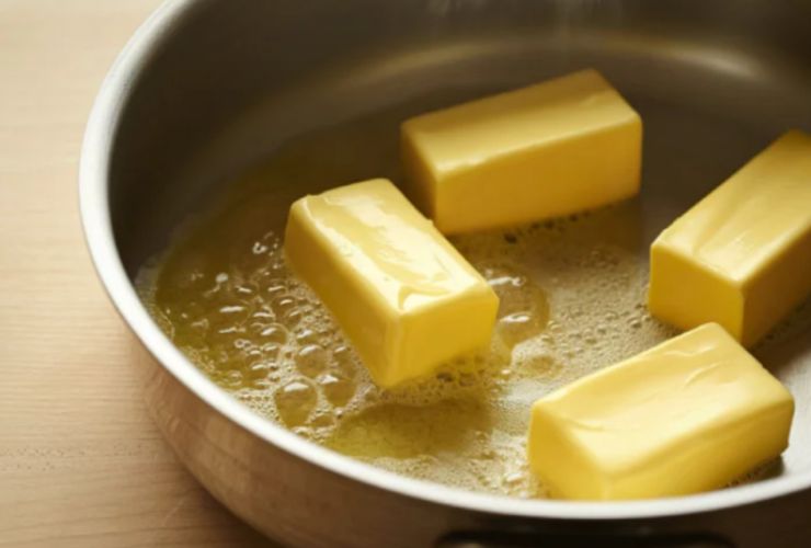 Iniziamo sciogliendo il burro a bagnomaria e una volta intiepidito uniamolo alle uova e al latte in una ciotola. Lavoriamo per mescolare gli ingredienti;