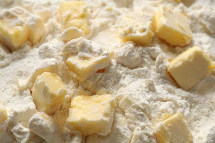 Dividiamo il burro a pezzetti e riversiamolo in un frullatore insieme alla farina. Lavoriamo fino ad ottenere un composto bricioloso e spostiamoci su di un piano da lavoro;
