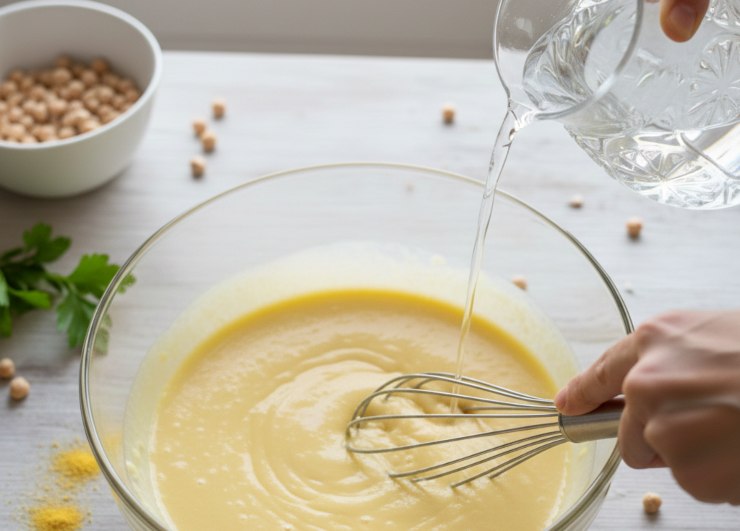 Setacciate la farina di ceci in una ciotola, poi aggiungete l’acqua a filo mescolando con una frusta per evitare grumi. Coprite e lascia riposare per almeno 30 minuti. Nel frattempo pulite gli asparagi eliminando la parte dura, tagliateli a rondelle lasciando le punte intere.