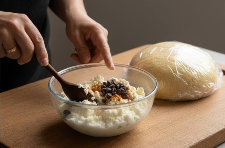 Iniziate dalla sfoglia: lavorate la semola con lo strutto, unite zucchero, sale e il Marsala a filo. Impastate energicamente fino ad ottenere un panetto sodo ed elastico. Avvolgetelo nella pellicola per alimenti e lasciate riposare 45 minuti. Mentre il panetto riposa, mescolate la ricotta setacciata con zucchero, cannella e cioccolato e tenetela in frigo fino al momento di farcire.