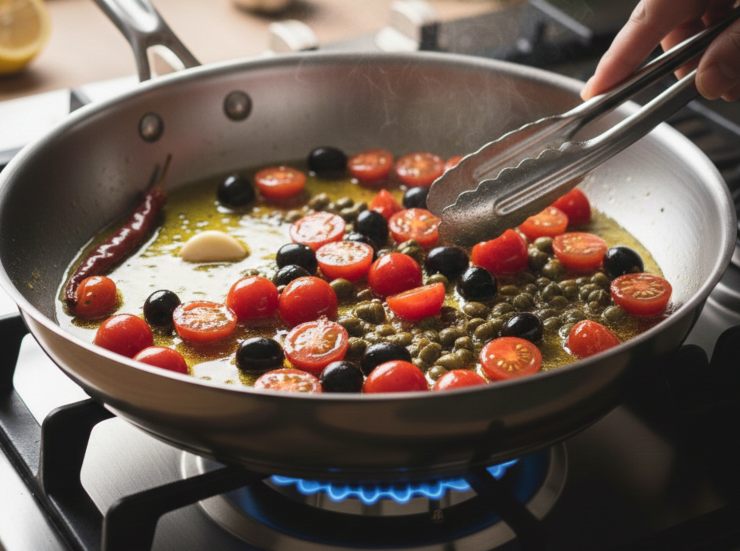 Nella stessa padella, rosolate l’aglio e il peperoncino, se necessario aggiungendo un altro filo d’olio. Appena l’aglio diventa dorato, unite i pomodorini tagliati a metà, le olive e i capperi: lasciate insaporire per 10/12 minuti a fuoco medio, schiacciando leggermente i pomodorini. Adagiate delicatamente i pezzi di baccalà nel sughetto, coprite con un coperchio (meglio se di vetro, per controllare) e cuocete a fuoco lentissimo per circa 15/20 minuti.