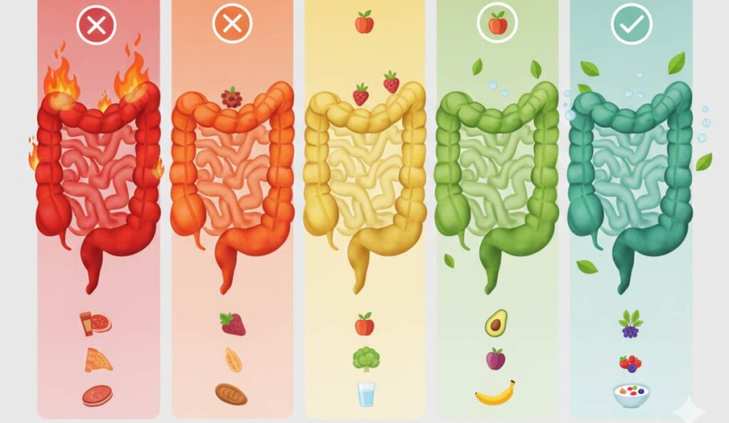 Infografica protocollo 7 giorni per il reset intestinale: transizione da intestino infiammato rosso a sano verde