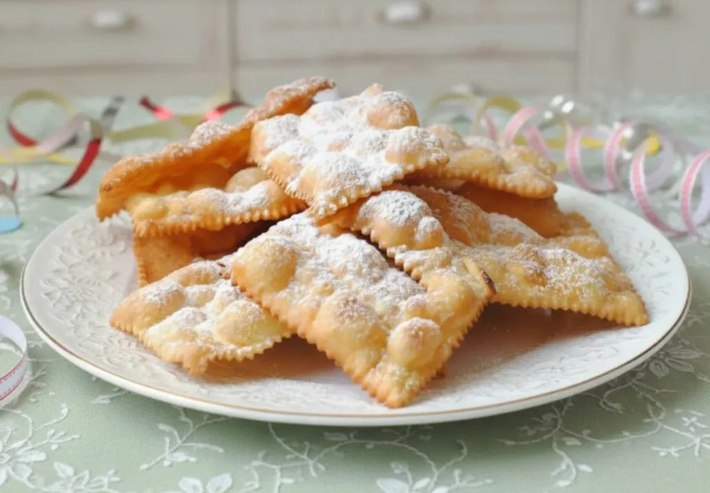 Bugie di Carnevale croccanti con bolle, ricetta tradizionale italiana spolverata con zucchero a velo su tavola rustica.
