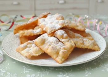 Bugie di Carnevale croccanti con bolle, ricetta tradizionale italiana spolverata con zucchero a velo su tavola rustica.